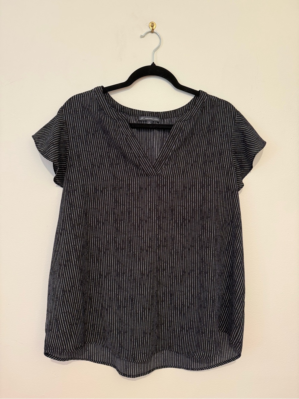 Adrianna Papell Black and White Pinstripe V-Neck Blouse